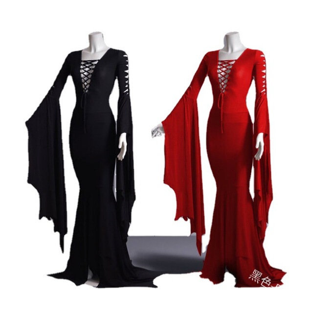 Retro Solid Color Wrap-Around Long Skirt, Gothic Style Large Sleeves, Opera Performance Costume, Lace-Up Waist, Floor-Length Dress