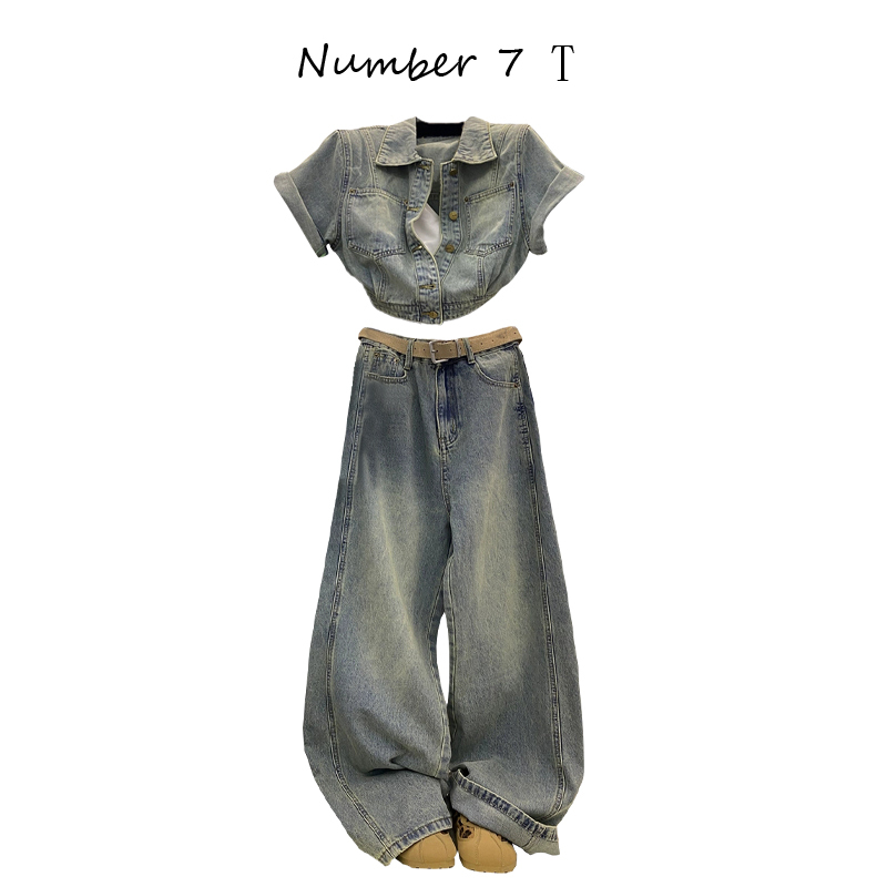 Denim Suit for Women, New Summer Style, Short-Sleeved Fashionable Short Shirt Top, Slimming Straight-Leg Wide-Leg Pants Two-Piece Set