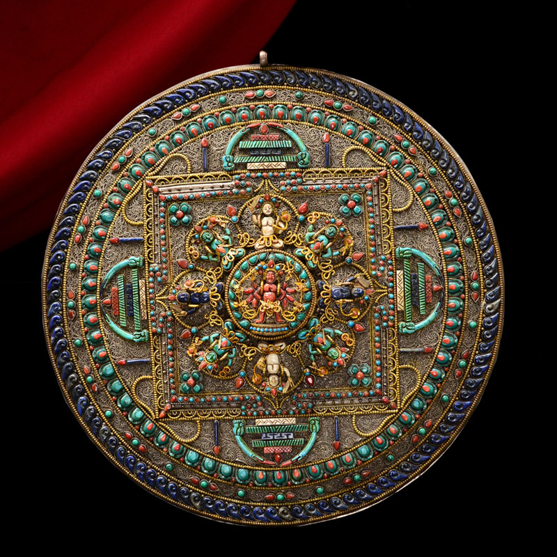 Nepalese handmade copper filigree gilt gilt silver embossed auspicious mandala listing practice instrument ornaments