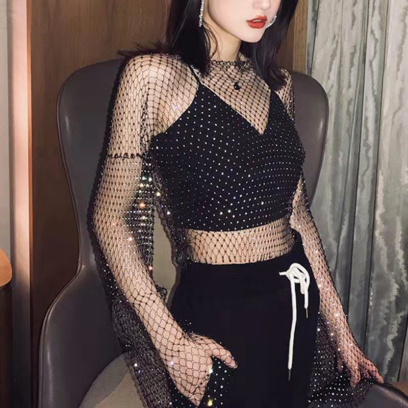 Tiktok Influencer Fishnet Rhinestone Blouse Streamer ins Sexy Short Outerwear Hollow-Out Top Shiny Rhinestone T-Shirt Trendy Tank Top