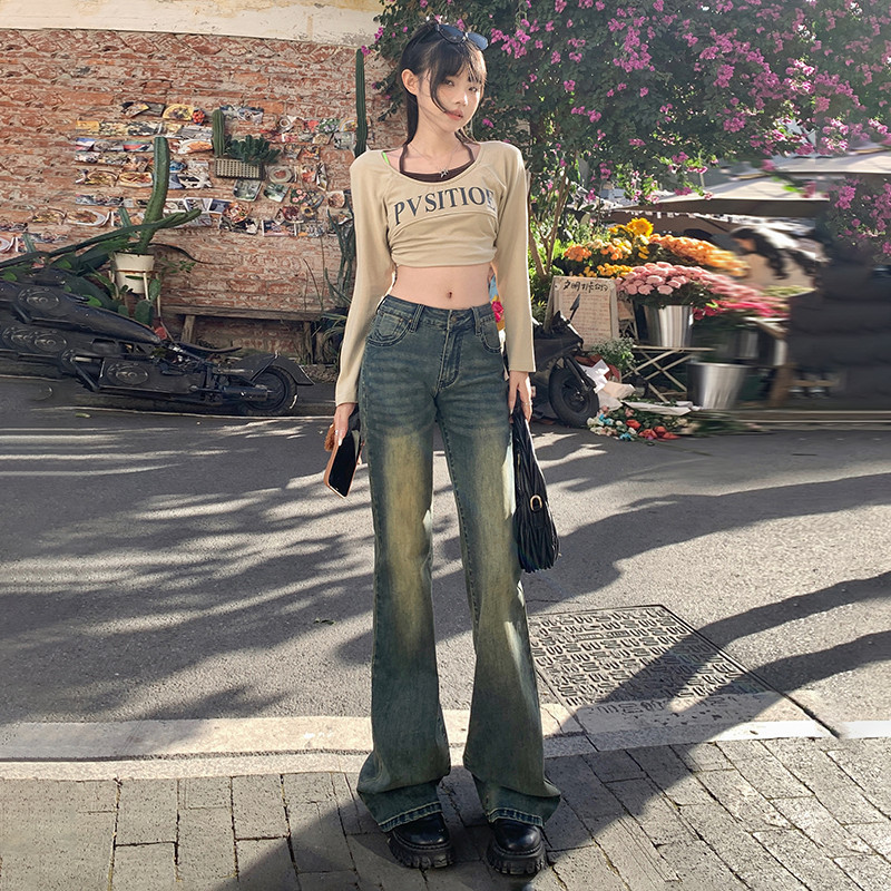 Retro Low-Waisted Flared Jeans for Women, New Spring and Autumn Style, Petite, Stretchy, Slimming, Straight-Leg Bell-Bottom Pants, Narrow Version