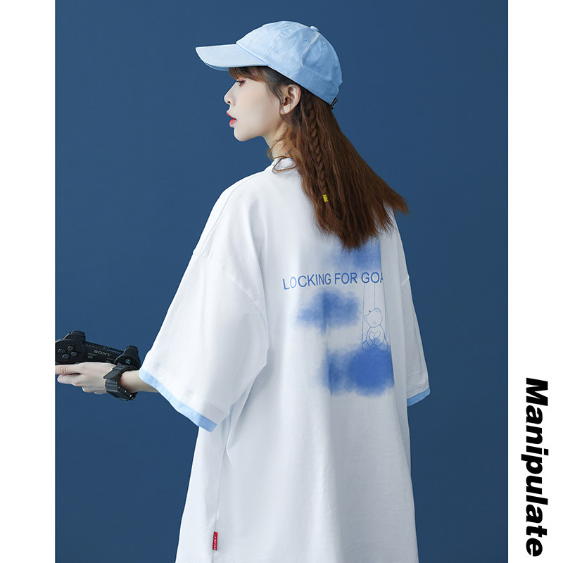 Short-sleeved t-shirt women's trendy ins super hot Korean version loose net red fried street fake two-piece niche design half-sleeve top summer dress