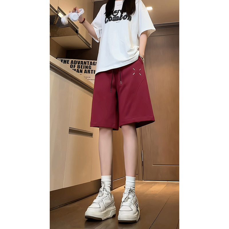 Plus-Size Women's High-Waisted Sports Shorts in Burgundy, Large Size, Knee-Length Shorts, Summer American-Style Breathable Casual Running Pants