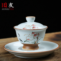 Old friends hand-painted rough pottery three Cai bowl lotus tea bowl Japanese home hand grab tea kung fu tea set ceramic bowl