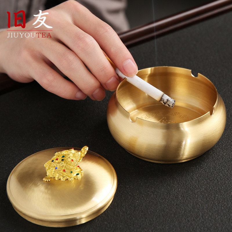 Old Friend Pure Bronze Ashtray Inlaid Silver Golden Cicada Living-room Windproof Ashtray Home Office Big retro