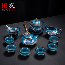 Old Friends Kiln has become a tea set set set of silver dragon and phoenix gift box blue brushed tea cup side Bowl