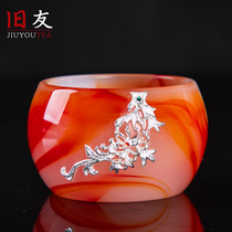 Glazed tea cup plum orchid bamboo chrysanthemum Master Cup coral red wine cup inlaid silver Single Cup kung fu tea set Master Cup