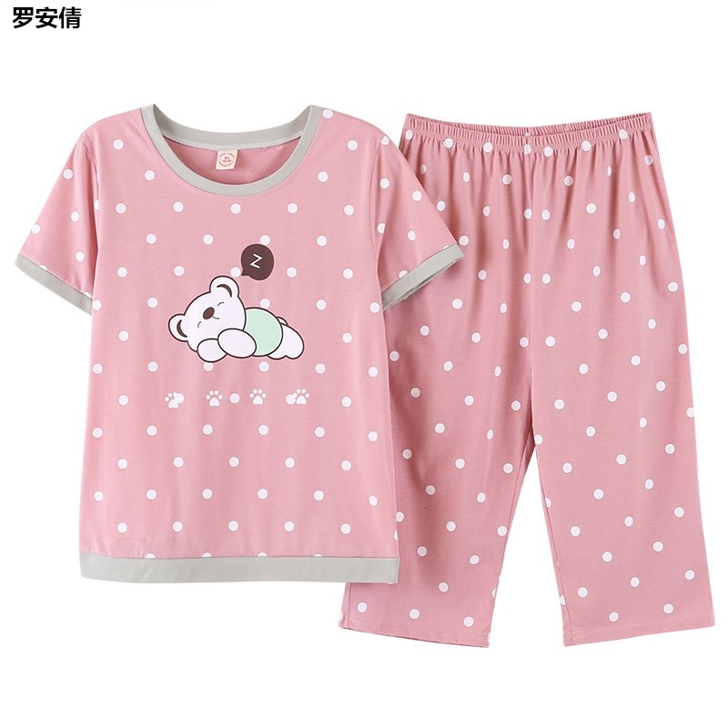 Pajama phụ nữ phim hoạt hình ngắn tay bông phụ nữ quần bảy điểm thiết mỏng dễ thương cotton mùa hè cộng với sân nhà quần áo.