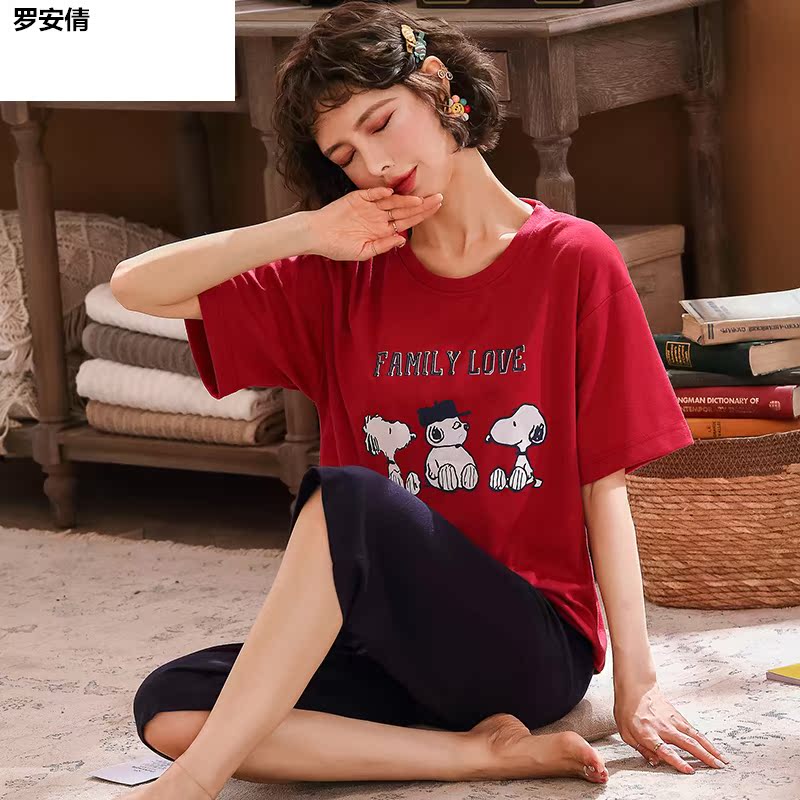 quần bảy điểm Pajama cô gái mùa hè bông tay áo ngắn. hai mảnh thiết lập phiên bản Hàn lỏng kích thước lớn mỏng có thể mặc bên ngoài nhà.