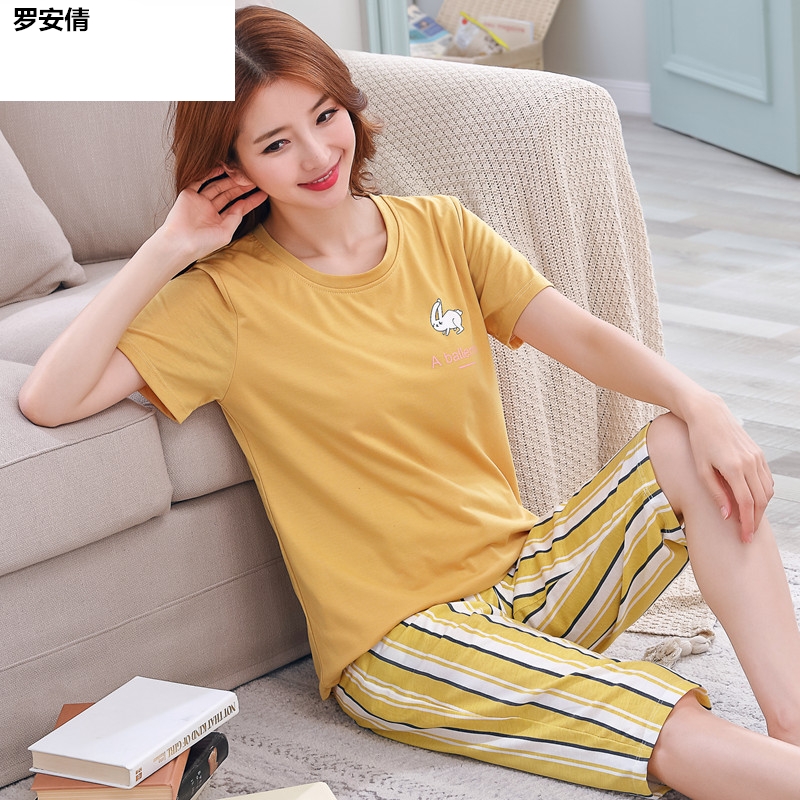 Pajama phụ nữ phim hoạt hình ngắn tay bông phụ nữ quần bảy điểm thiết mỏng dễ thương cotton mùa hè cộng với sân nhà quần áo.