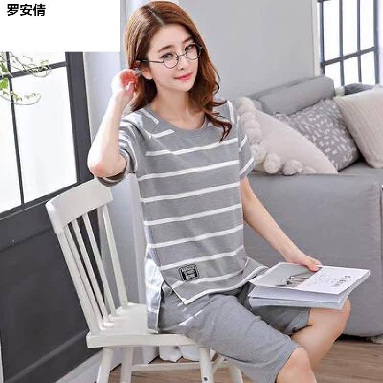 quần bảy điểm Pajama cô gái mùa hè bông tay áo ngắn. hai mảnh thiết lập phiên bản Hàn lỏng kích thước lớn mỏng có thể mặc bên ngoài nhà.