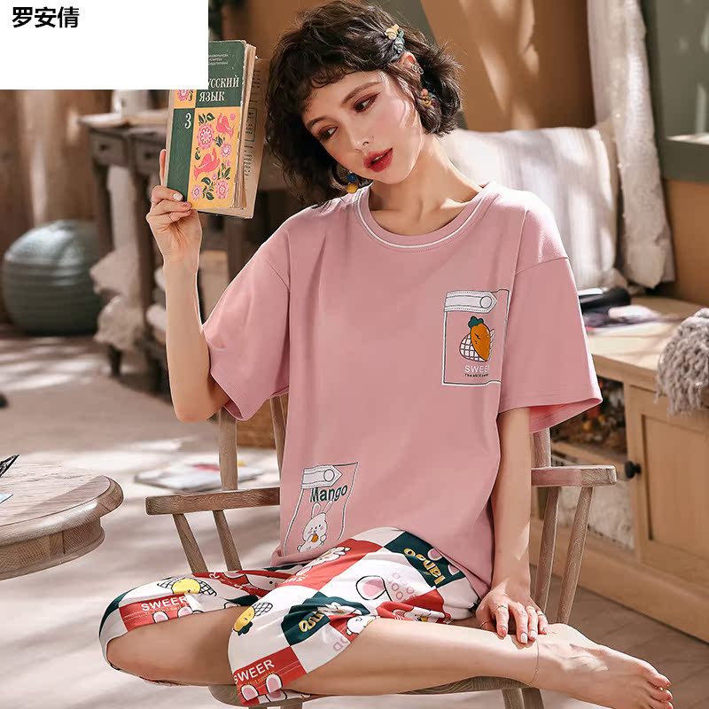 quần bảy điểm Pajama cô gái mùa hè bông tay áo ngắn. hai mảnh thiết lập phiên bản Hàn lỏng kích thước lớn mỏng có thể mặc bên ngoài nhà.