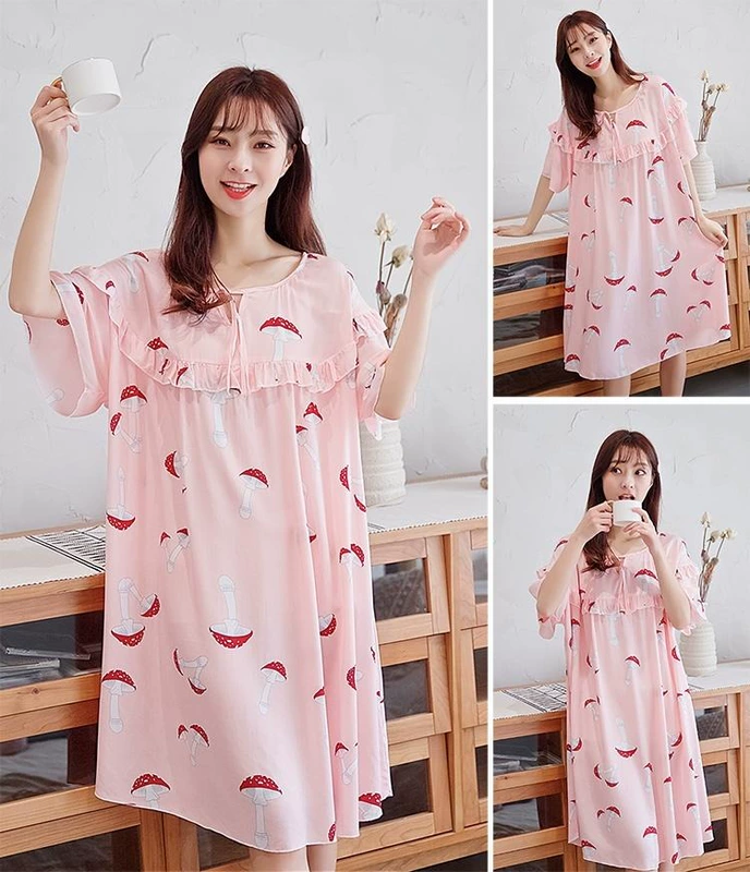 Váy bầu cotton lụa, váy ngủ đi chơi, nữ béo MM200 kg xuân hè plus fat plus size đồ ngủ cotton cho bà bầu rộng rãi - Đêm đầm