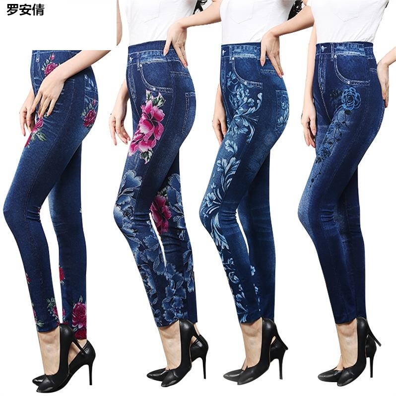 .? Thin giả denim tights xà cạp nhỏ mẹ quần mùa xuân mùa thu thời trang in cao-trả lại cao eo của phụ nữ