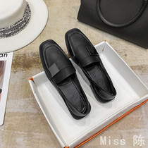 Leather black small leather shoes womens 2022 summer British style grandma shoes square head one pedal lazy loafer single shoes women