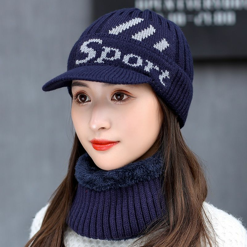 Korean version knitted wool line hat surrounding neck woman autumn winter plus suede thickened warm hat bicycling guard ear duck tongue cap winter-Taobao