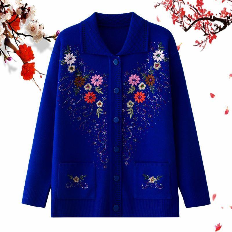 Middle-Aged and Elderly Women's New Style Mother's Clothing Spring and Autumn Sweater Coat Elderly Women's Knitted Cardigan Buttoned Loose Large Size