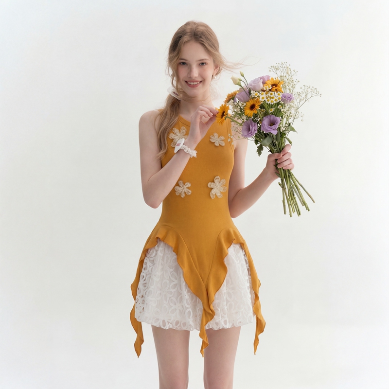 Aunp'Dopamine Outfit' Design Irregular Hem Three-Dimensional Flower Slim Fit Sleeveless Tank Top for Women Summer