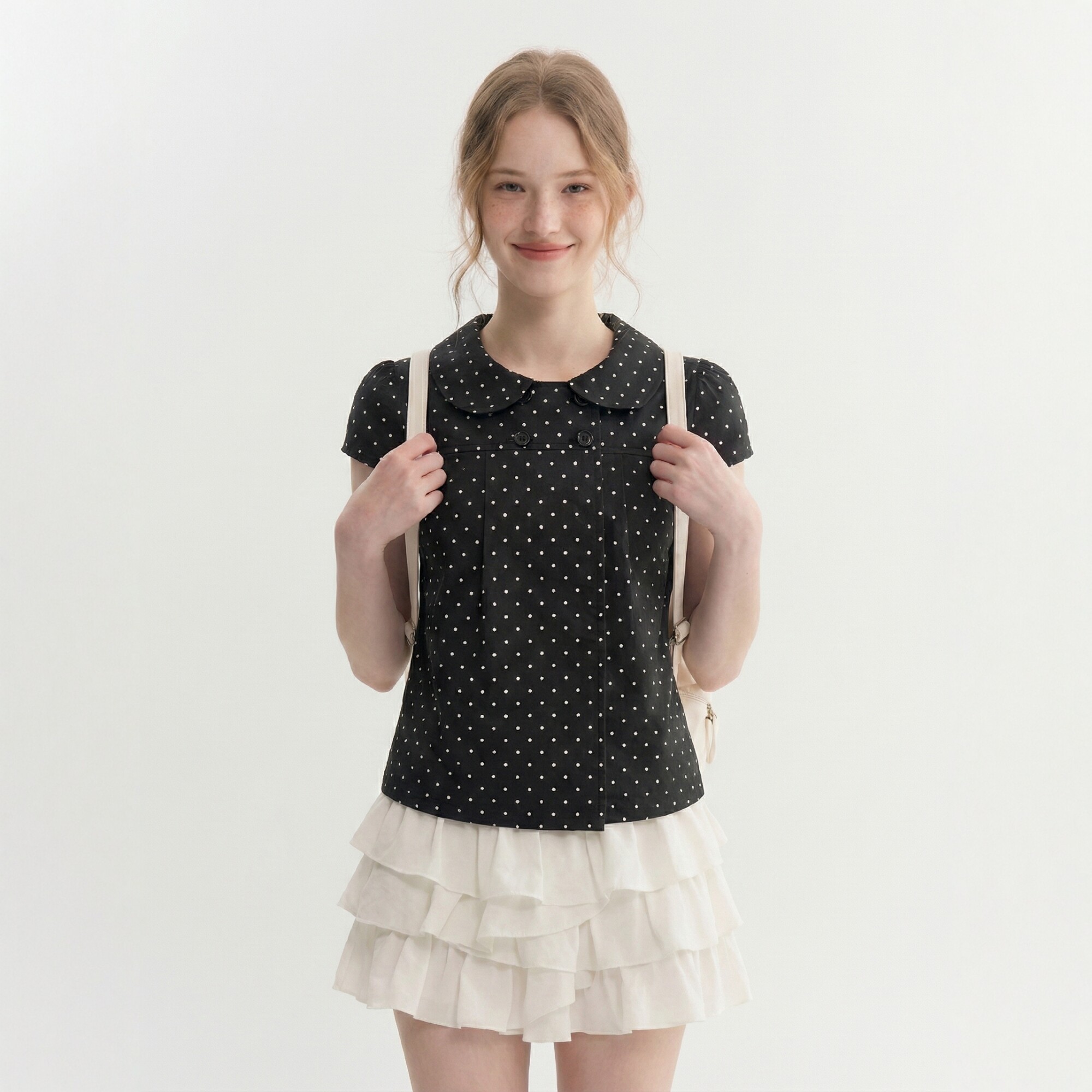 AUNP 'Polka Dot Girl' Retro Black Polka Dot Short-Sleeve Shirt for Women, Thin Summer, High-End, Youthful French Style Top