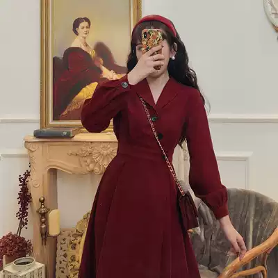 French vintage New Year Spring Festival red knee long dress 2021 autumn and winter New long sleeve slim dress slim dress