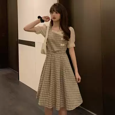 Large size women's French square collar waist dress dress cheongsam modified version fat mm belly thin Chinese style dress