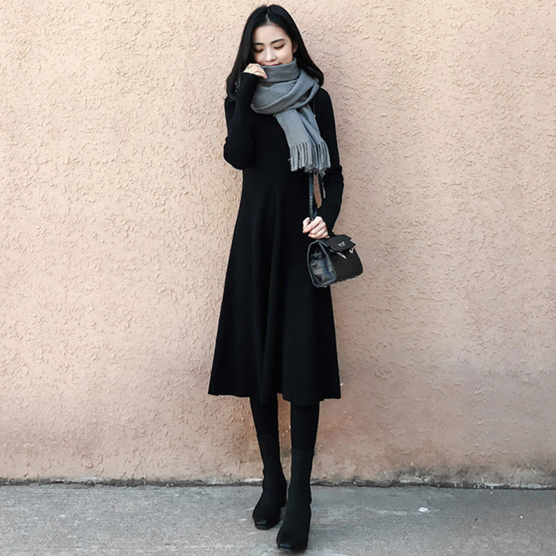 Face-style Retro Knit inside lap dress Women's autumn winter Nets long version over kneecap length dress Herben Little Black Black Dress