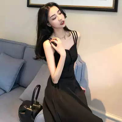 Large size women's vintage waist waist thin Hepburn small black skirt fat mm belly cover meat age reduction sling dress summer