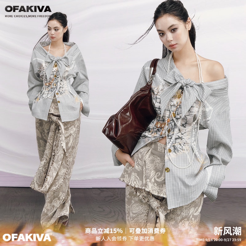 Ofakiva'Intimate Relationship' Retro Vintage Money Print Shirt Women's Plaid Shirt