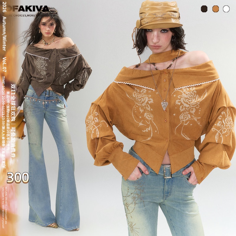 Ofakiva “Frost Orange” Wasteland-Style Suede Embroidered Shirt for Women, Off-The-Shoulder, Revealing Collarbone, Melard Short Shirt Ofakiva “Frost Orange” Wasteland-Style Suede Embroidered Shirt for Women, Off-The-Shoulder, Revealing Collarbone, Melard Short Shirt