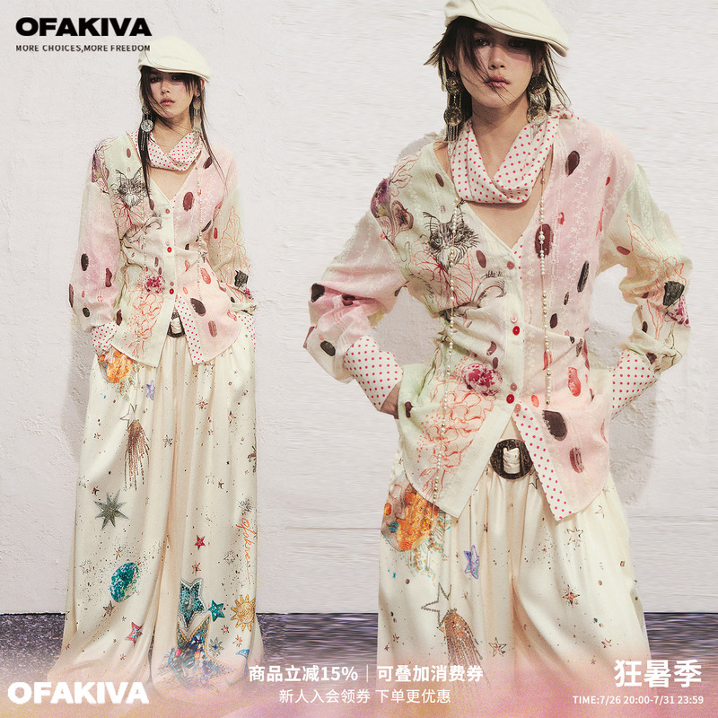 Ofakiva “Horus” Hand-Painted Watercolor Cat Print Shirt for Women with Polka Dot Scarf Tie Waist Shirt