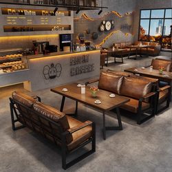 Cafe Folk Bistro Card Seat Sofa Tea House Bar Solid Wood Table and Chair Combination Qingba Industrial Barbecue Shop
