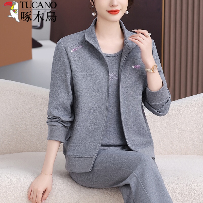 Woodpecker Mom Sportswear Set Women's Spring and Autumn New Fashionable Women's Sweatshirt Set Running Casual Wear Three-Piece Set