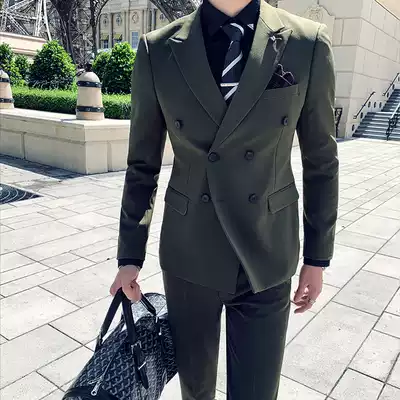 Autumn and winter slim Korean double-breasted small suit men's suit three-piece personality trend handsome hair stylist suit