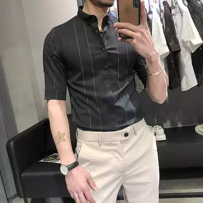Summer striped five-point sleeve shirt men's Korean slim-fit men's short-sleeved men's trend half-sleeved casual three-point sleeve shirt