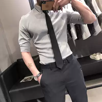 Summer white three-point sleeve shirt men's Korean version of the trend handsome slim mid-sleeve men's short-sleeved embroidered casual shirt