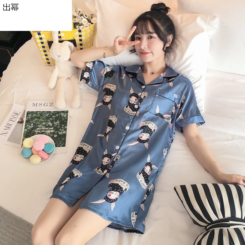 . Pajama nút áo sơ mi theo phong cách sinh viên lụa bầu trời băng trong dài tay áo sơ mi lụa mùa hè đồ ngủ mỏng mùa xuân và mùa hè lớn.