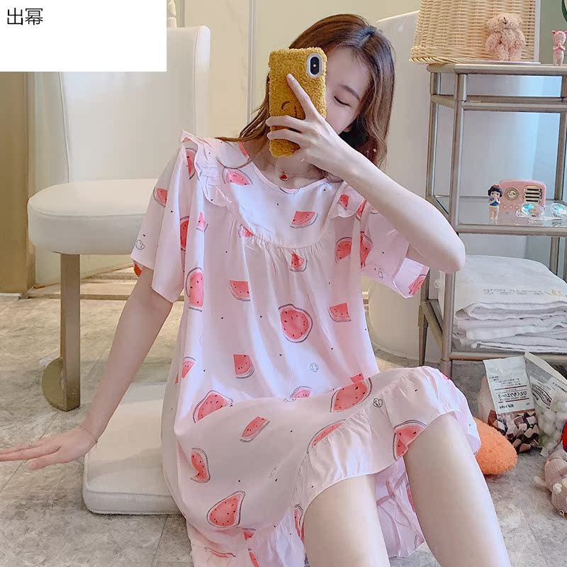 Bộ đồ ngủ womens mùa hè mỏng lụa bông dài vừa bông nhân tạo váy kích thước chất béo lỏng lớn MM ngắn tay lụa nhà quần áo.