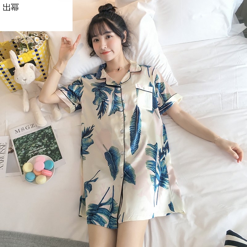 . Pajama nút áo sơ mi theo phong cách sinh viên lụa bầu trời băng trong dài tay áo sơ mi lụa mùa hè đồ ngủ mỏng mùa xuân và mùa hè lớn.