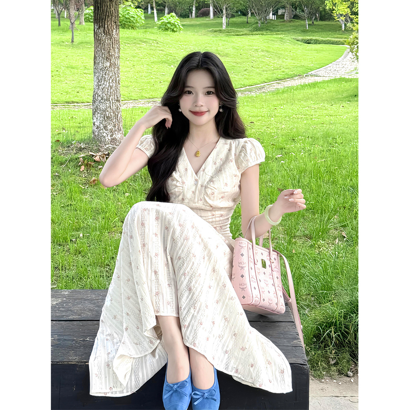 French Preppy Style Sweet Floral Dress for Women, Stunning Summer Princess Dress, Petite Figure-Flattering Waist-Cinching Long Dress