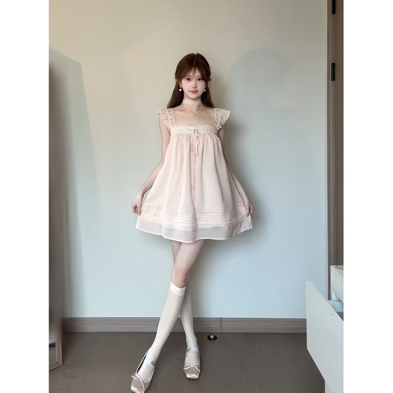 French-Style Sweet Pink Flutter-Sleeve Spaghetti Strap Dress for Women, Perfect for Summer, Beautiful and Pretty, A-Line Short Dress for Seaside Vacation