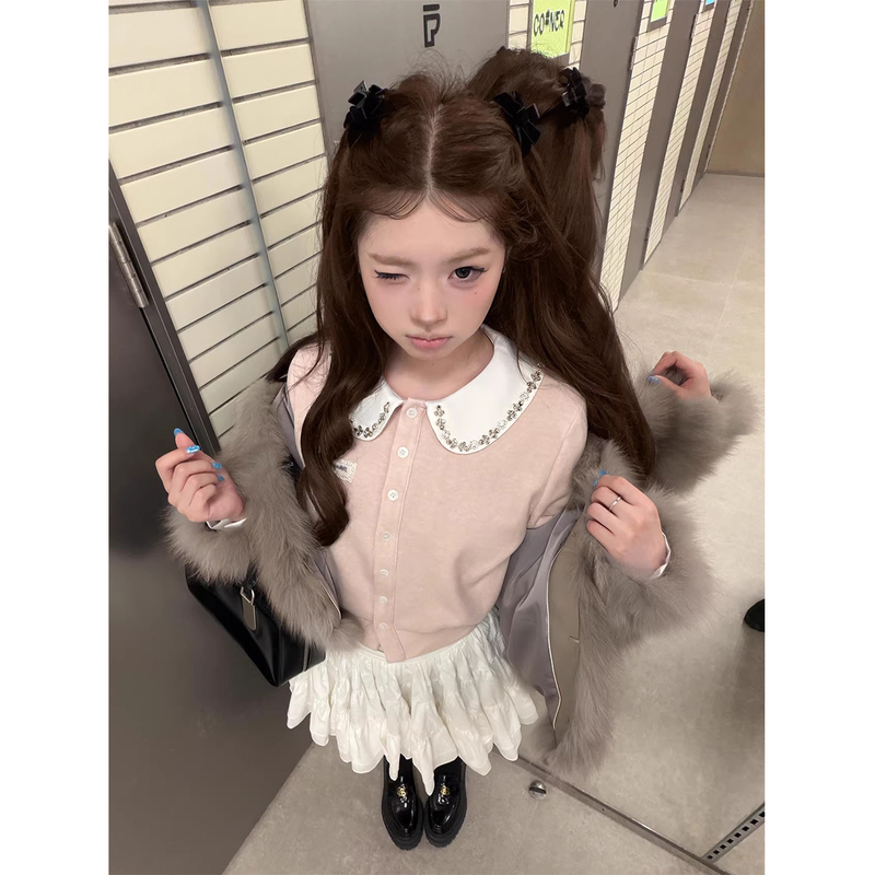 Rich Girl Miu-Style Outfit: a Complete Set of Preppy Style Suit with Doll Collar Cardigan and Puffy Skirt Two-Piece Set
