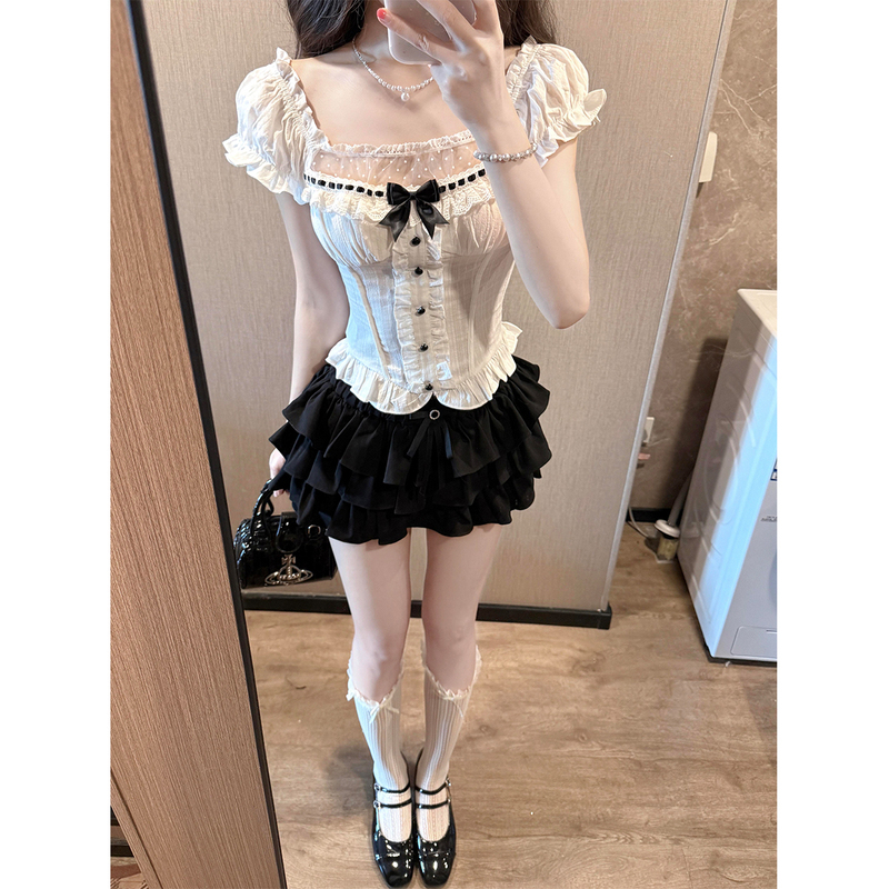 Summer Ootd Outfit: a Complete Summer Short Skirt Set, Sweet and Spicy Girl Bow Top, Cake Skirt Two-Piece Set Summer Ootd Outfit: a Complete Summer Short Skirt Set, Sweet and Spicy Girl Bow Top, Cake Skirt Two-Piece Set