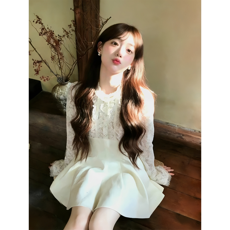Rich Girl Lace Patchwork Long-Sleeved Dress Women's Autumn and Winter Skirt Suit Cape Waist-Cinching Dress Two-Piece Set Rich Girl Lace Patchwork Long-Sleeved Dress Women's Autumn and Winter Skirt Suit Cape Waist-Cinching Dress Two-Piece Set