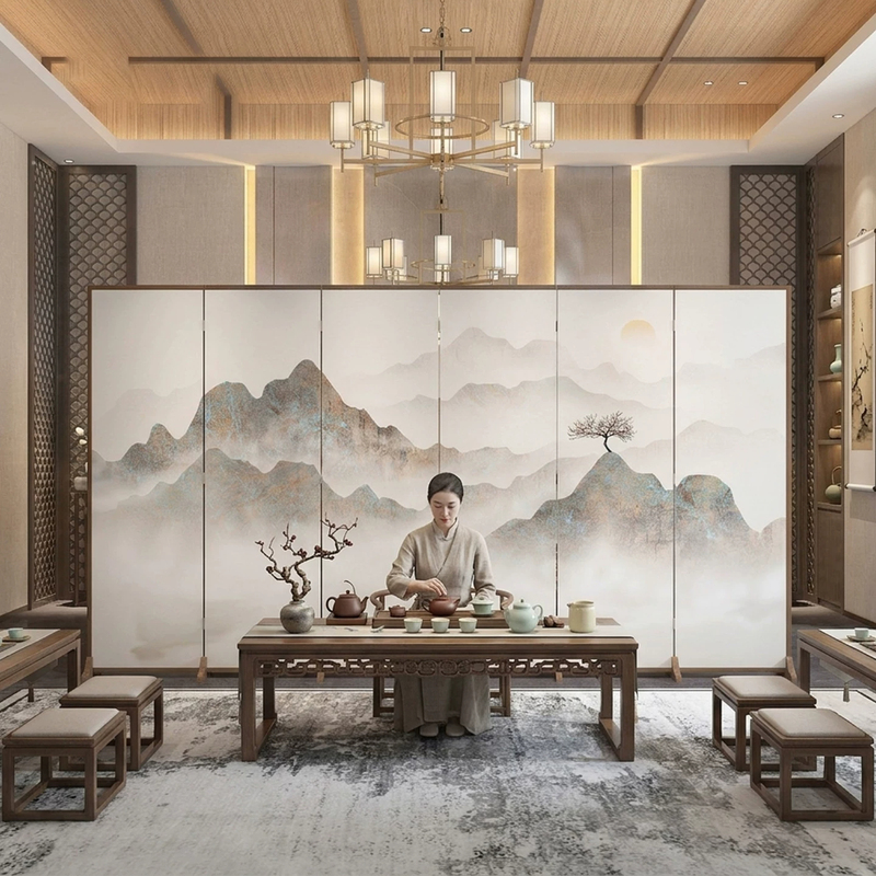 Song-Style Aesthetic Solid Wood Screen Partition, Modern Minimalist Folding Movable Screen for Living Room, Office, and Traditional Landscape Design