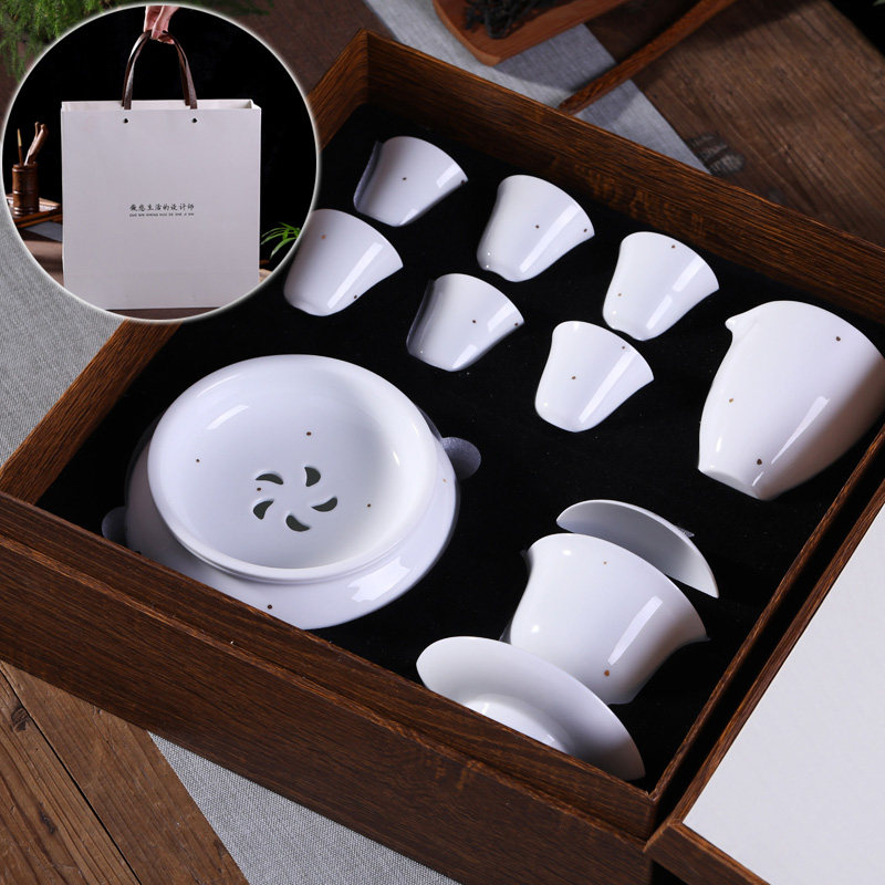 Light luxury style sweet white glaze ceramic Kung Fu tea set complete set of Jingdezhen tea cup high white glaze high-grade gift box