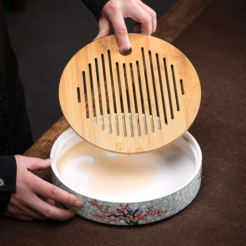 Ceramic tea tray Household dry-brewed tea tray tray Water storage bamboo tray Jingdezhen enamel color pick-up flower large tea sea