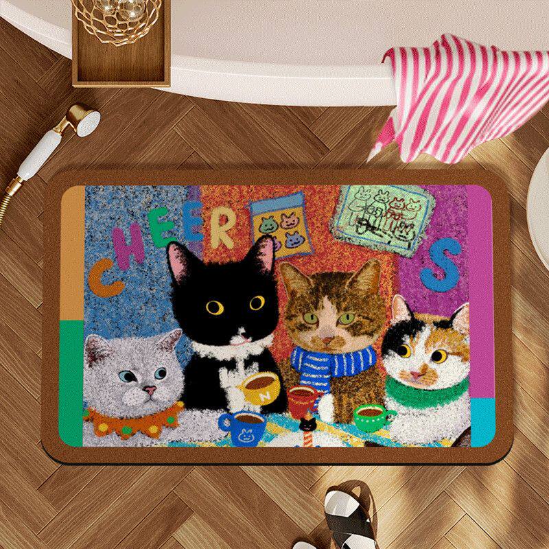 Cartoon Cute Kitten Soft Diatom Mud Floor Mat Water-Absorbent Non-Slip Bathroom Floor Mat Bathroom Door Wear-Resistant Carpet