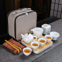 Ceramic travel tea set set Simple household kung fu tea pot portable travel bag car bamboo tea plate logo