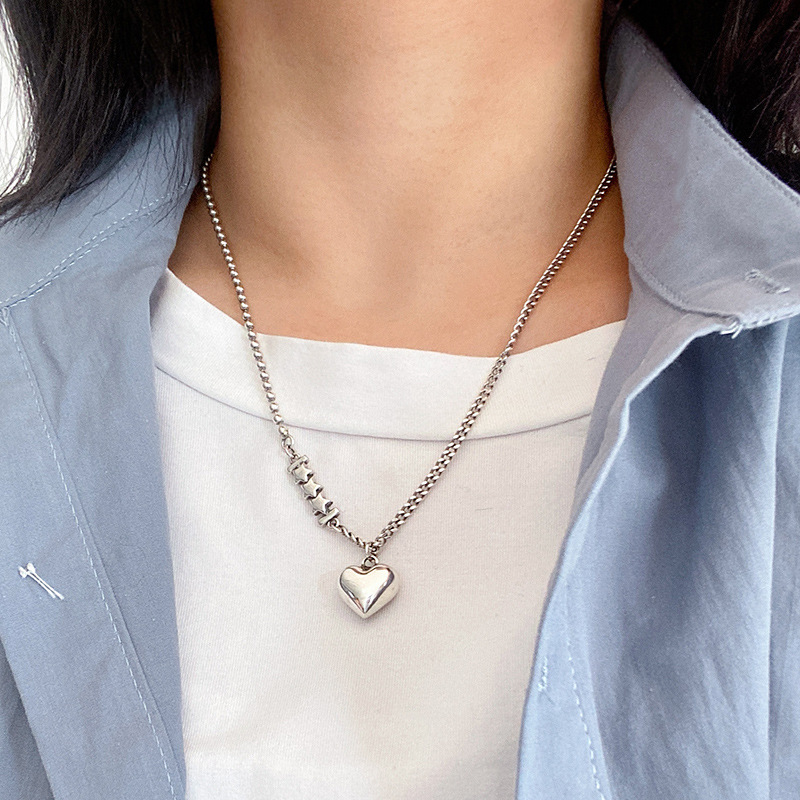 South Korea s925 silver love peach heart necklace female left and right asymmetric retro ball tank chain clavicle chain