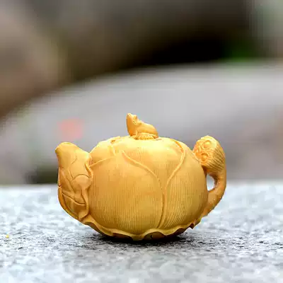 Small leaf boxwood carving Lotus teapot craft gift decoration Chinese home decoration play pieces